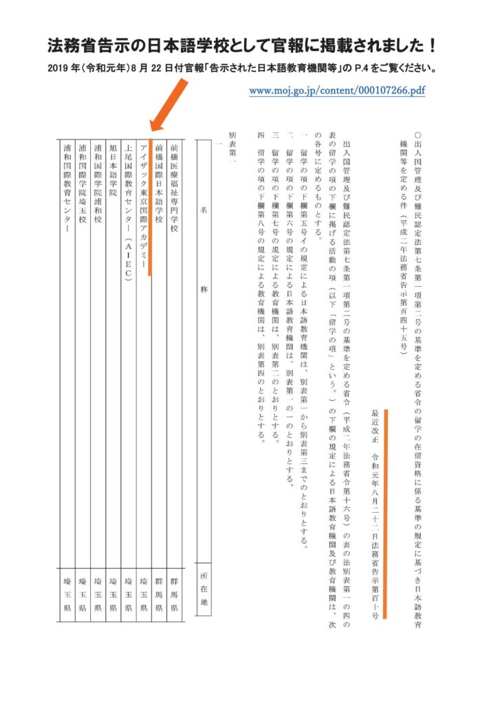 法務省告示の日本語学校